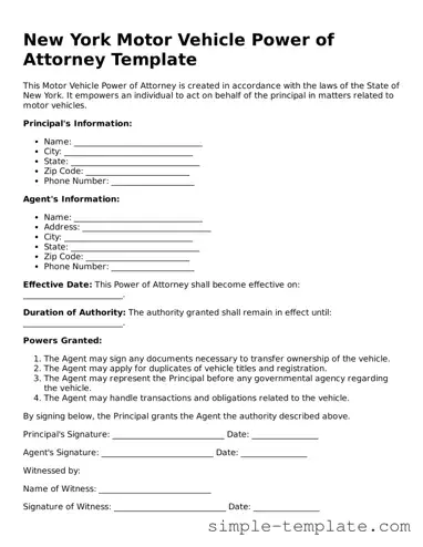 Printable New York Motor Vehicle Power of Attorney Document