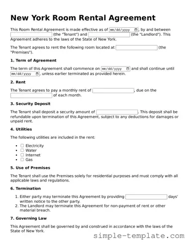 Printable New York Room Rental Agreement Document