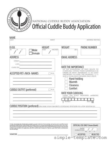 Free Cuddle Buddy Application Form in PDF
