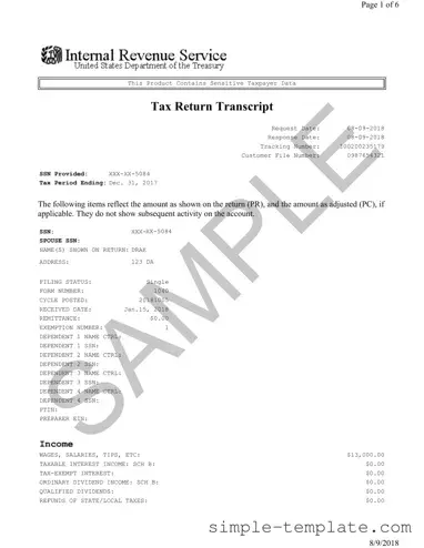 Free Sample Tax Return Transcript Form in PDF