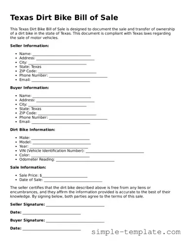 Printable Texas Dirt Bike Bill of Sale Document
