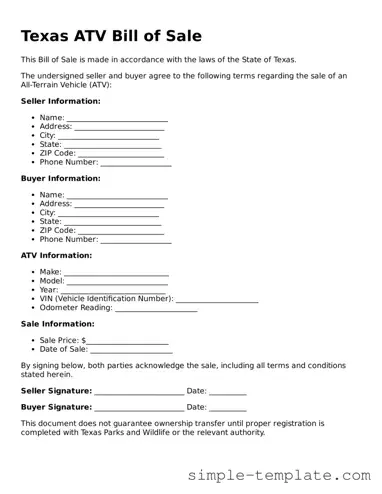 Printable Texas ATV Bill of Sale Document