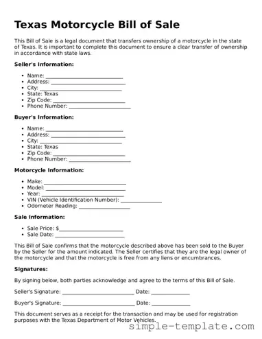 Printable Texas Motorcycle Bill of Sale Document