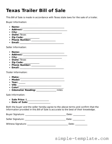 Printable Texas Trailer Bill of Sale Document