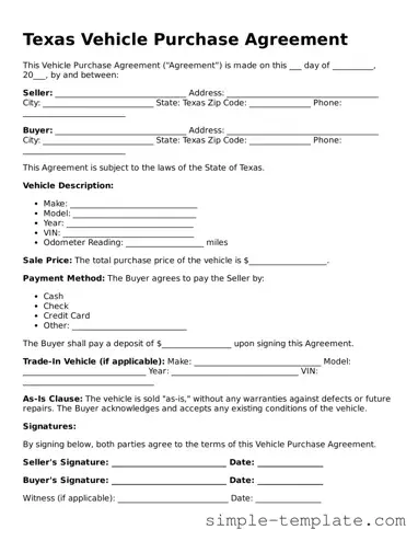 Printable Texas Vehicle Purchase Agreement Document