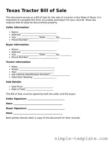 Printable Texas Tractor Bill of Sale Document