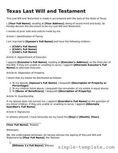 Printable Texas Last Will and Testament Document