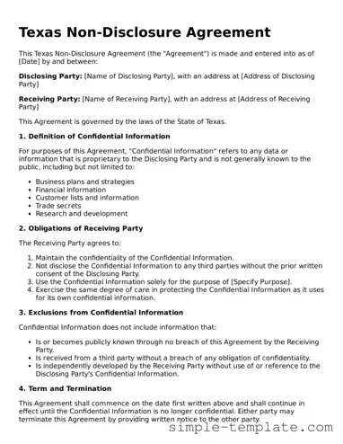 Printable Texas Non-disclosure Agreement Document