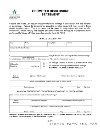 Free Texas Odometer Statement Form in PDF
