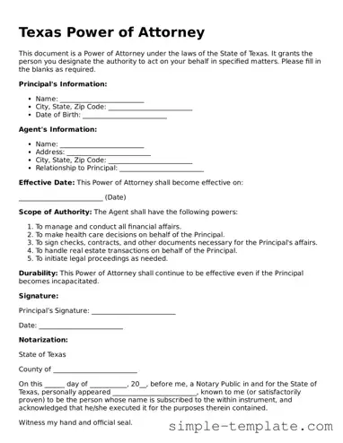 Printable Texas Power of Attorney Document