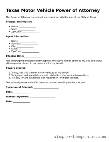 Printable Texas Motor Vehicle Power of Attorney Document
