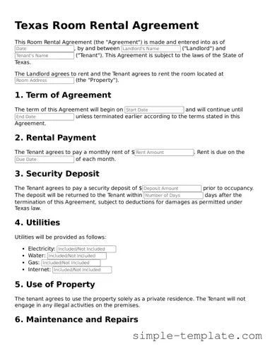 Printable Texas Room Rental Agreement Document