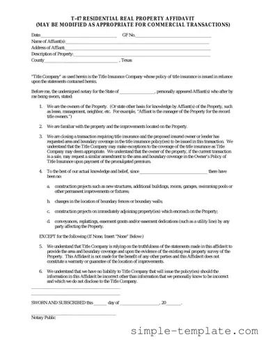 Free Texas residential property affidavit T-47 Form in PDF