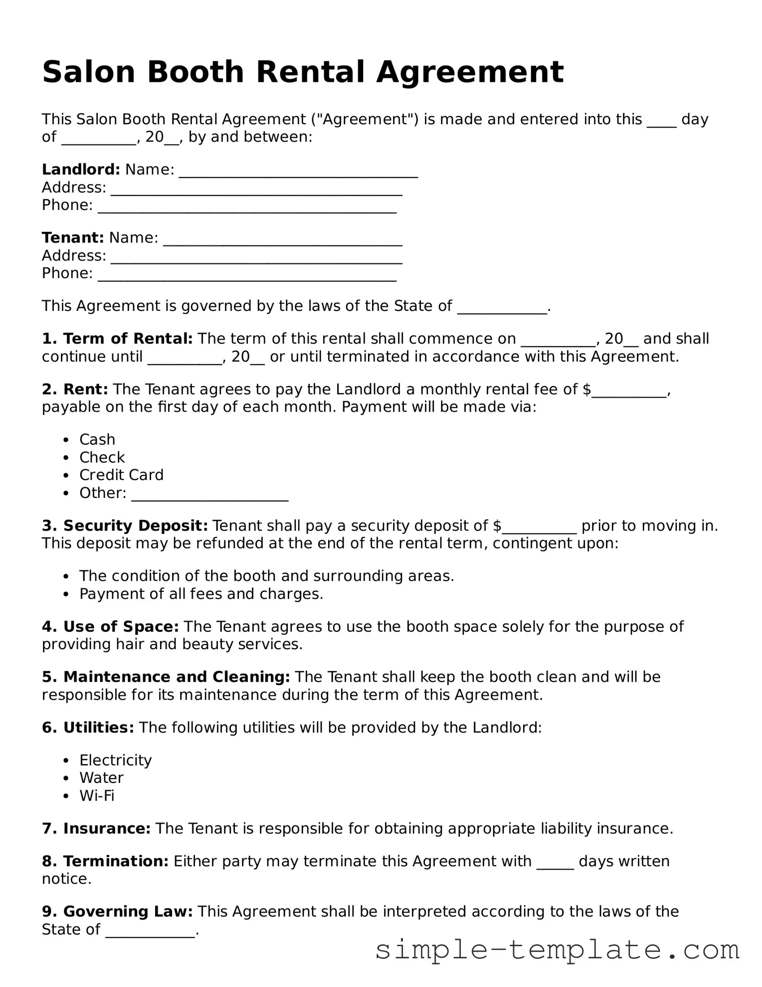 Salon Booth Rental Agreement Form
