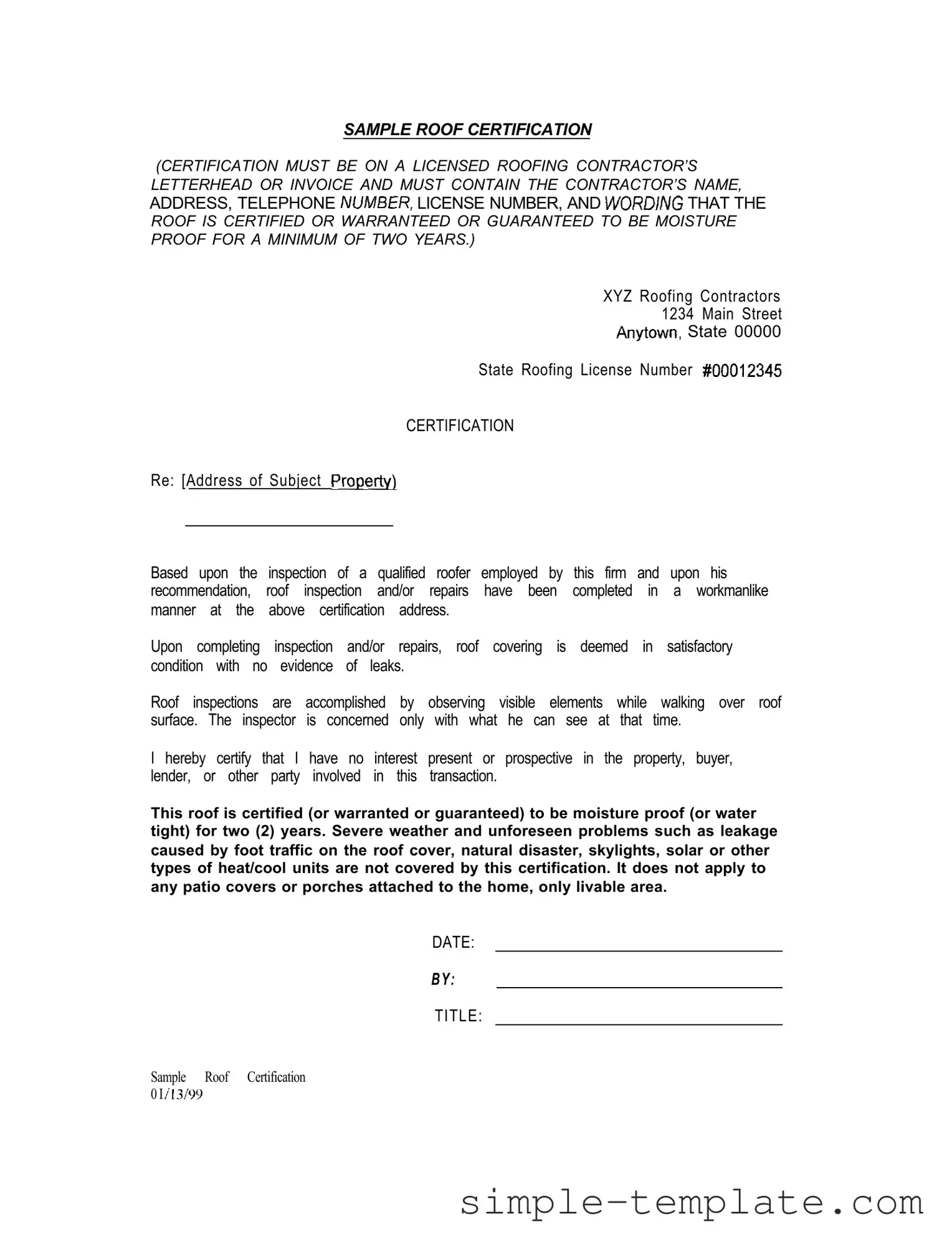 Free Sample Roof Certification Form in PDF