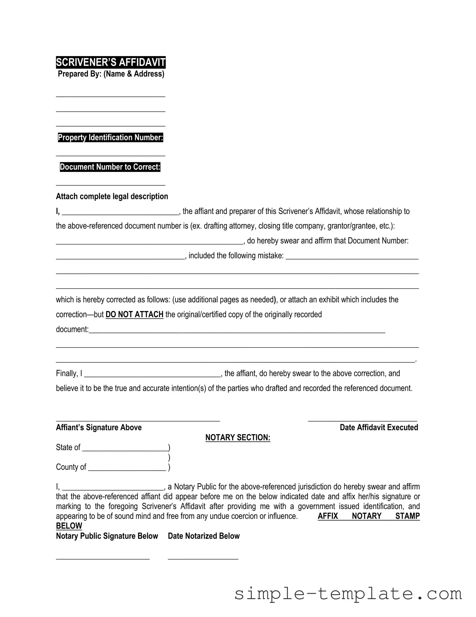 Free Scrivener's Affidavit Form in PDF
