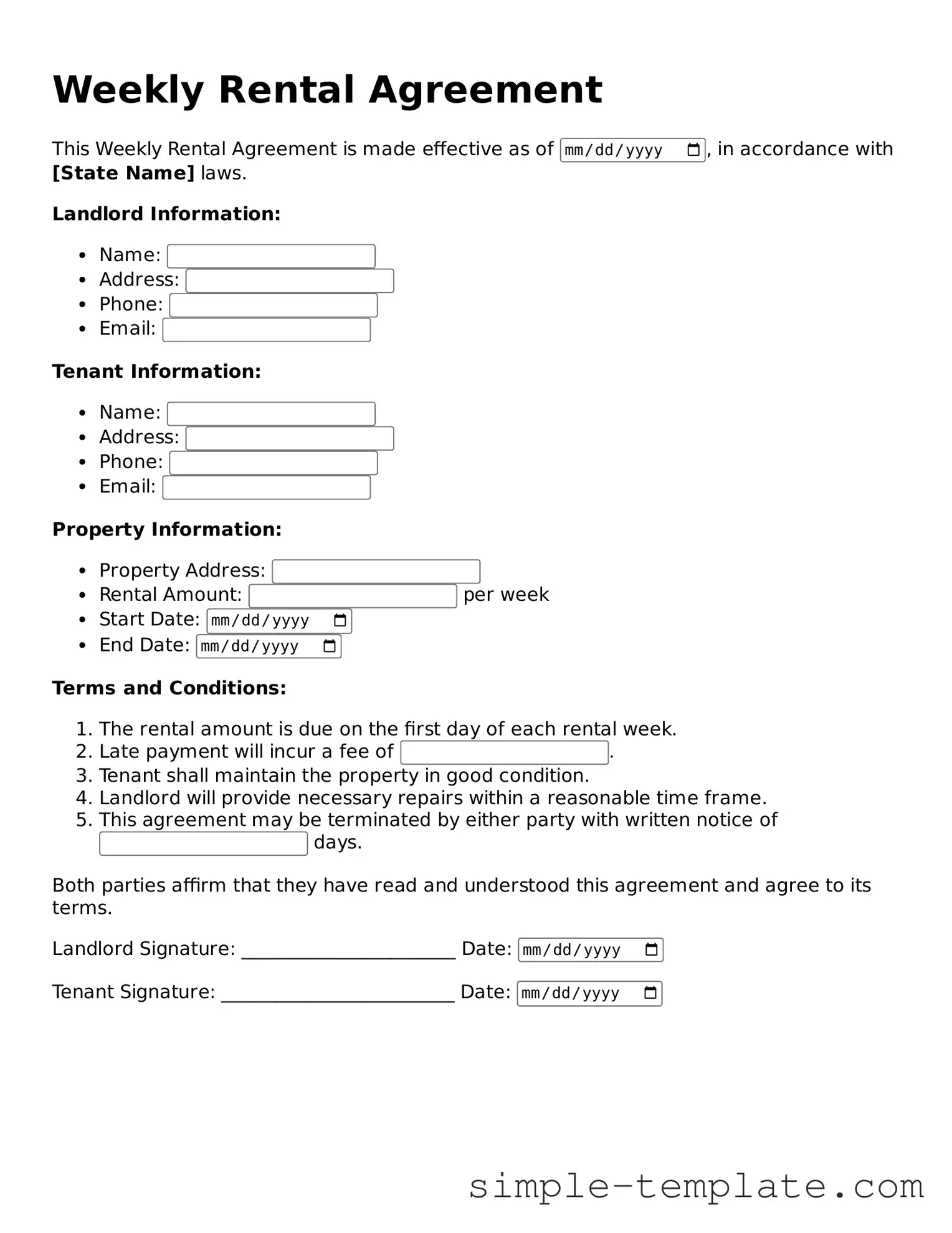 Weekly Rental Agreement Form
