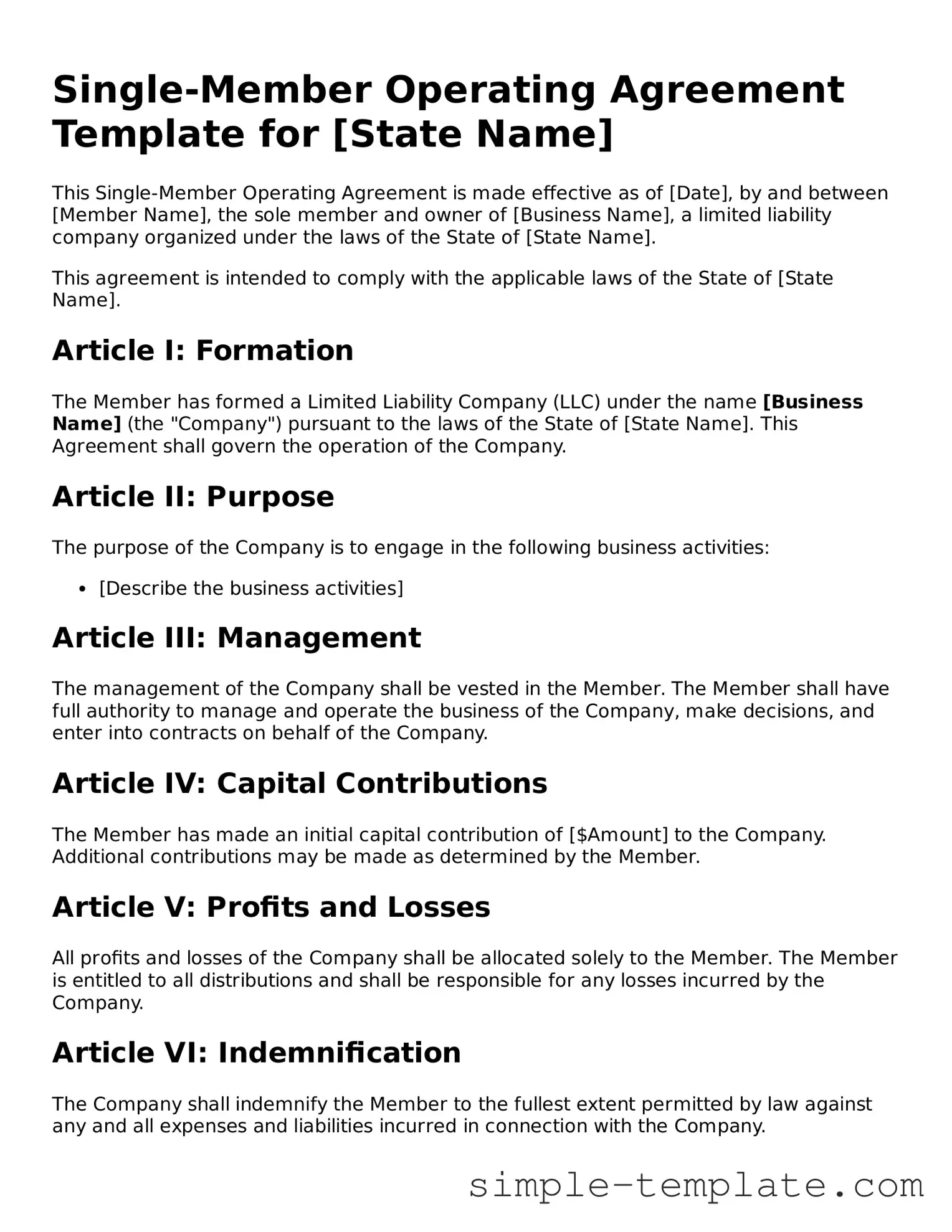 Single-Member Operating Agreement Form