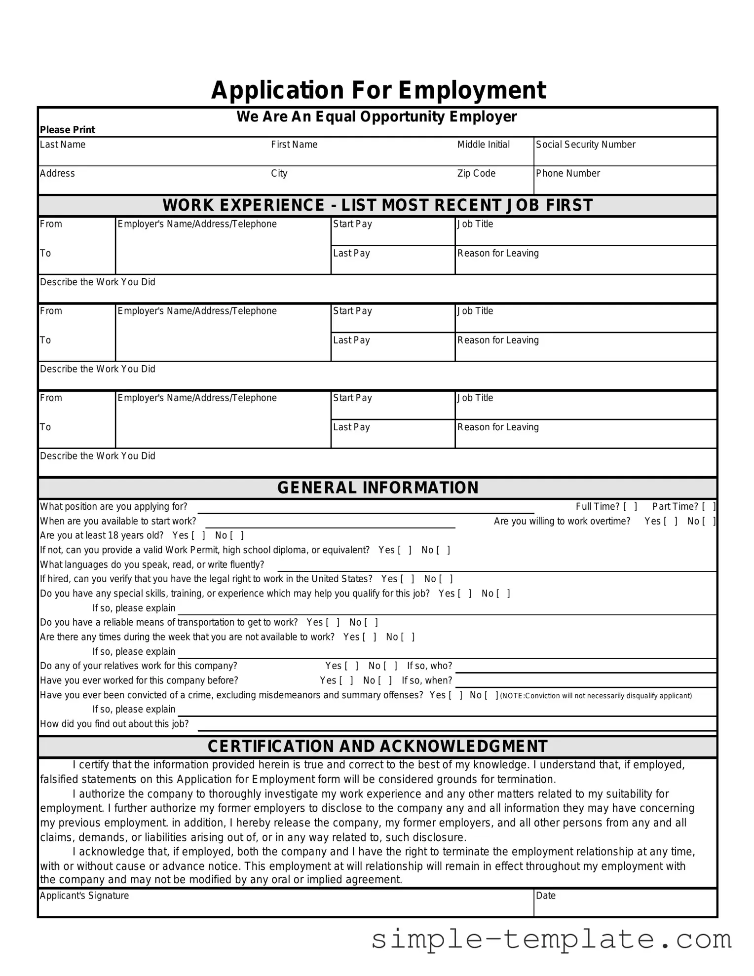 Free Spanish Application Employment Form in PDF