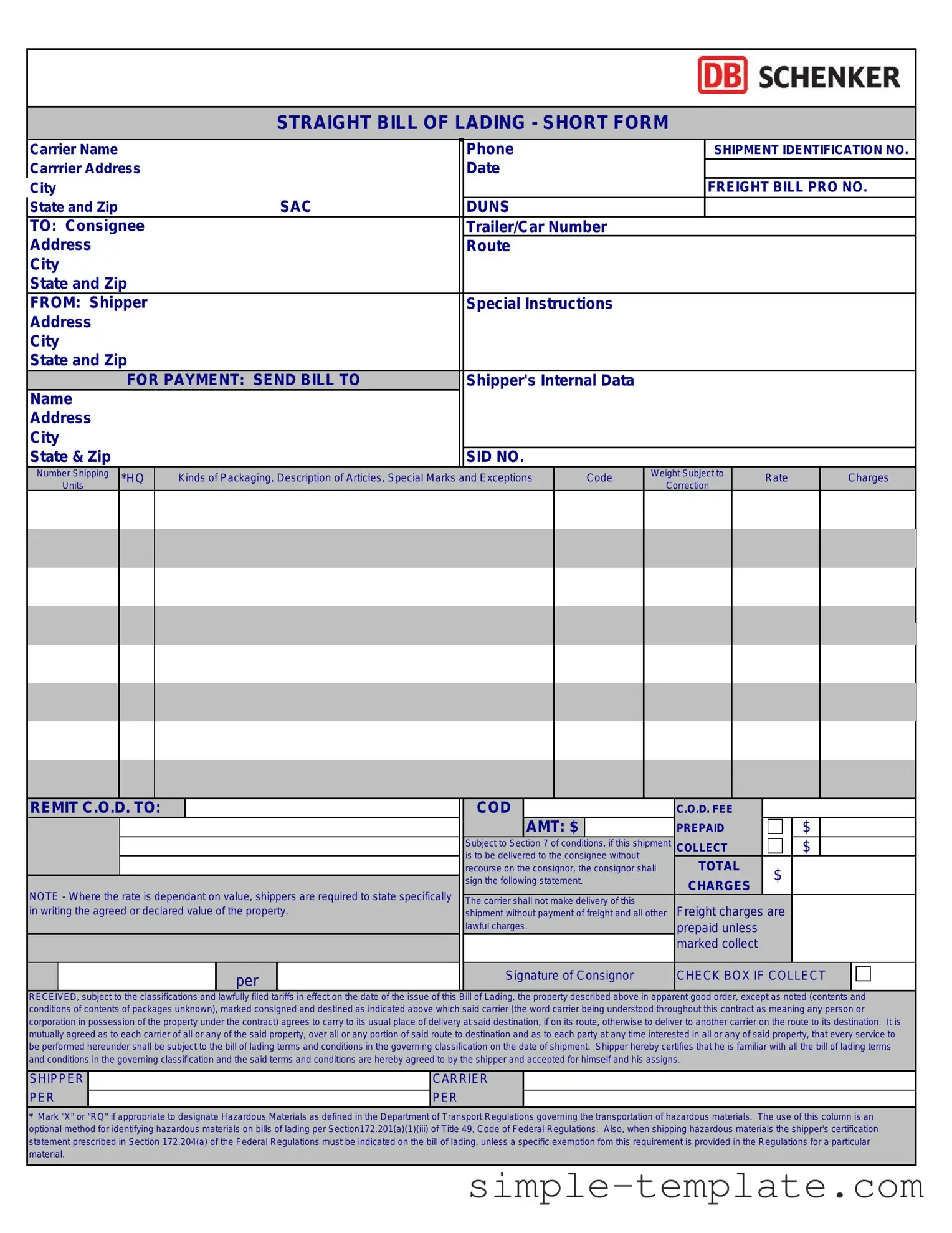 Free Straight Bill Of Lading Form in PDF