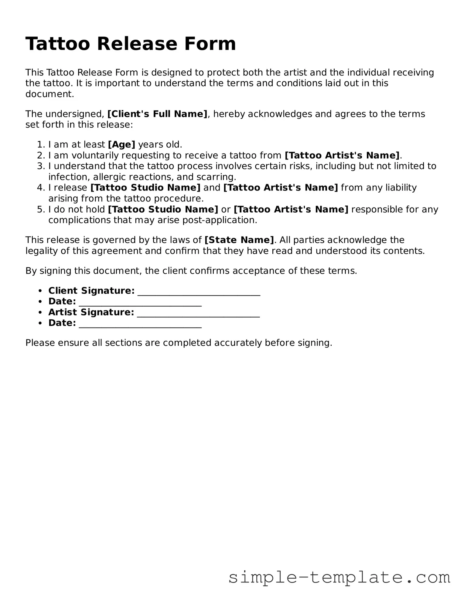 Tattoo Release Form