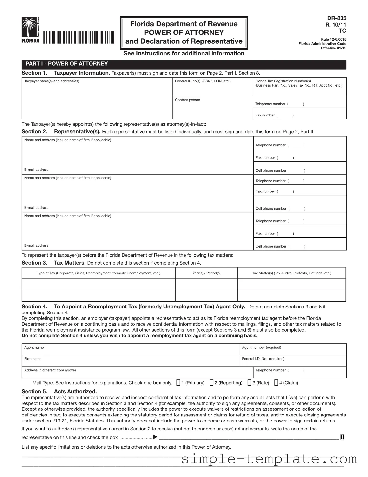 Free Tax POA dr 835 Form in PDF