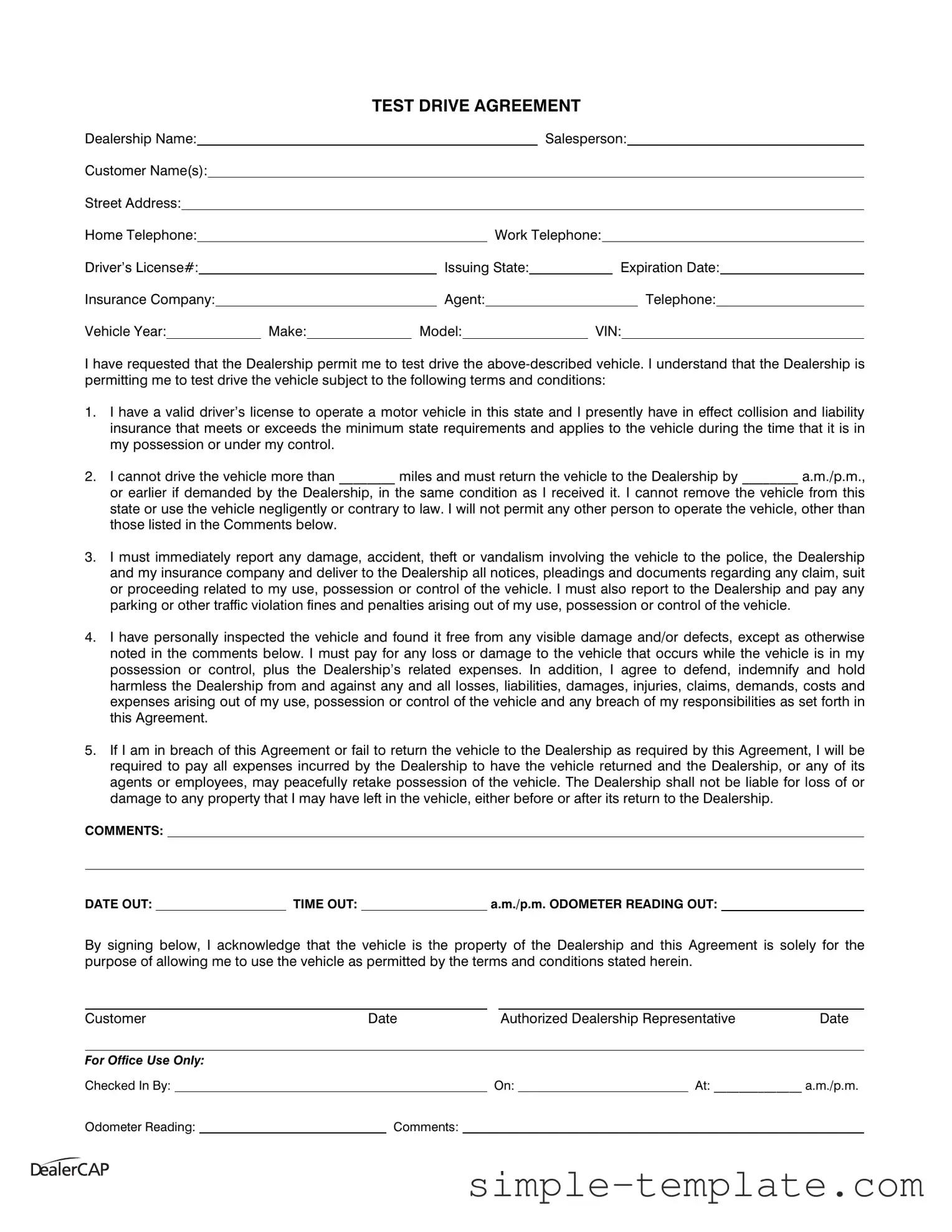 Free Test Drive Form in PDF