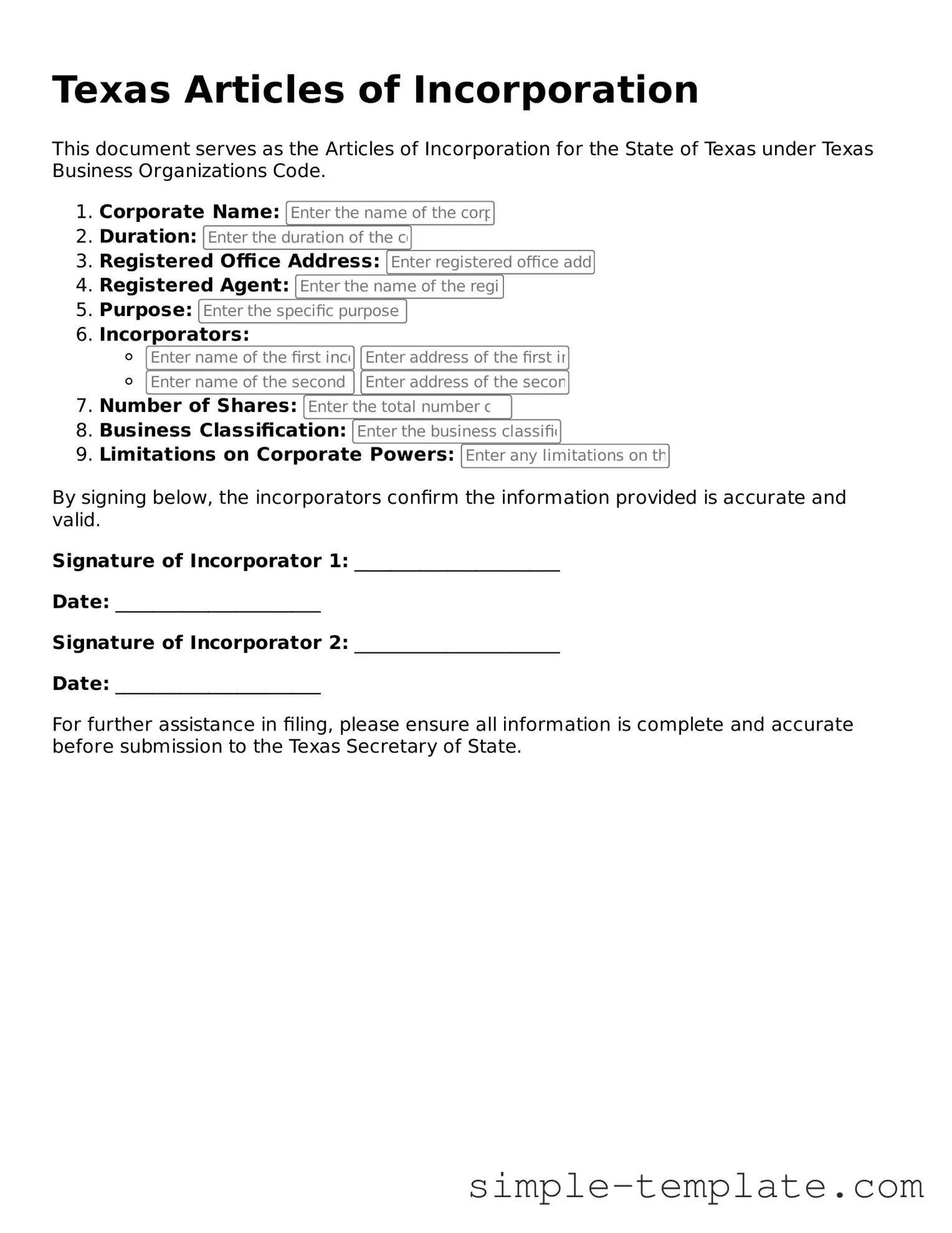 Printable Texas Articles of Incorporation Document
