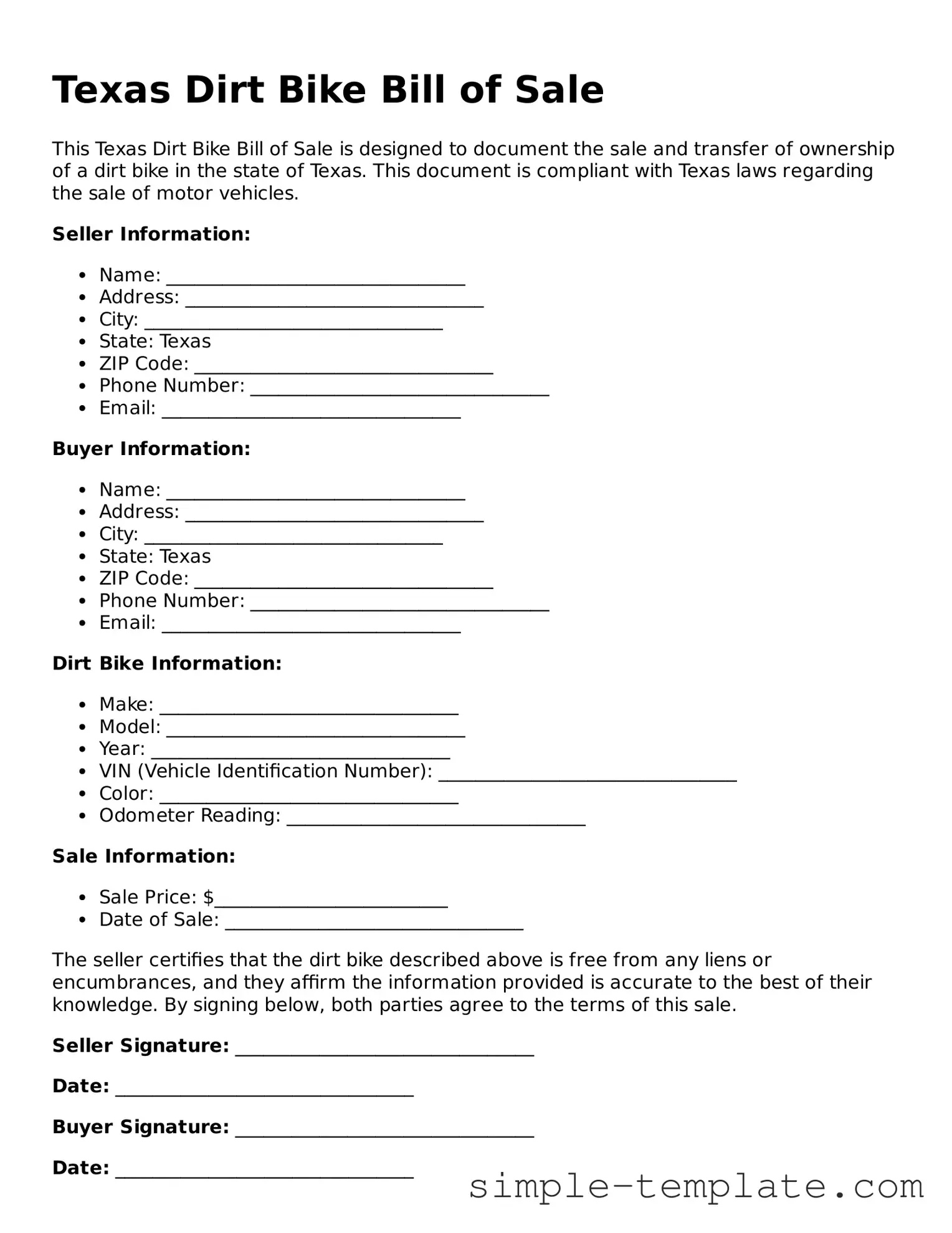 Printable Texas Dirt Bike Bill of Sale Document