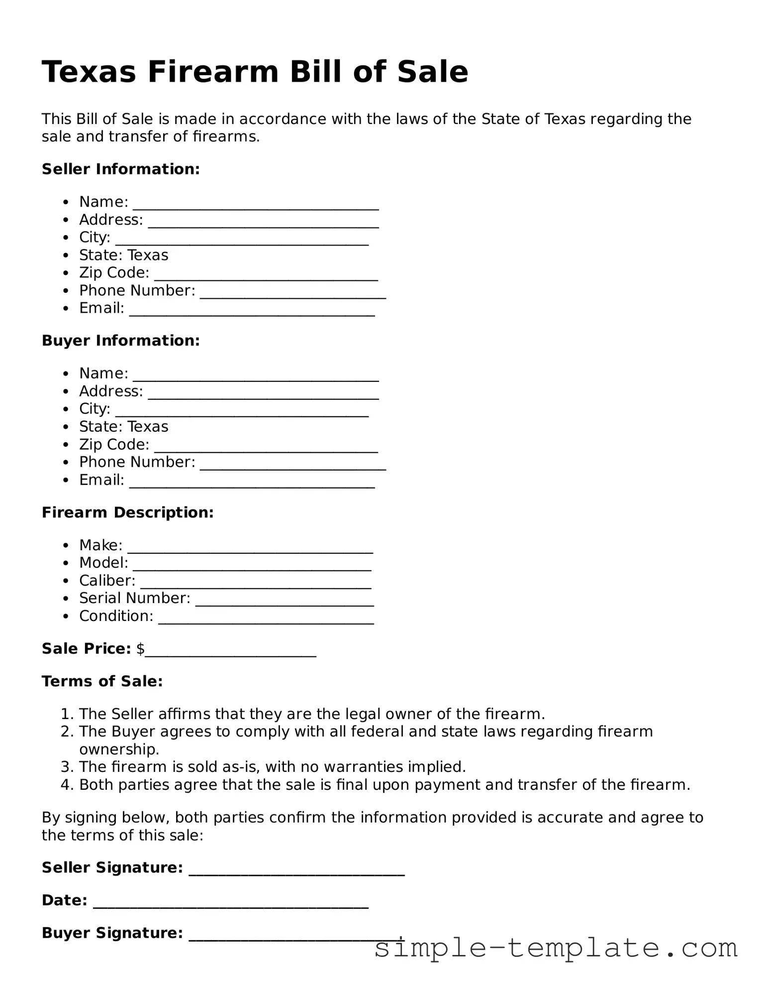 Printable Texas Firearm Bill of Sale Document