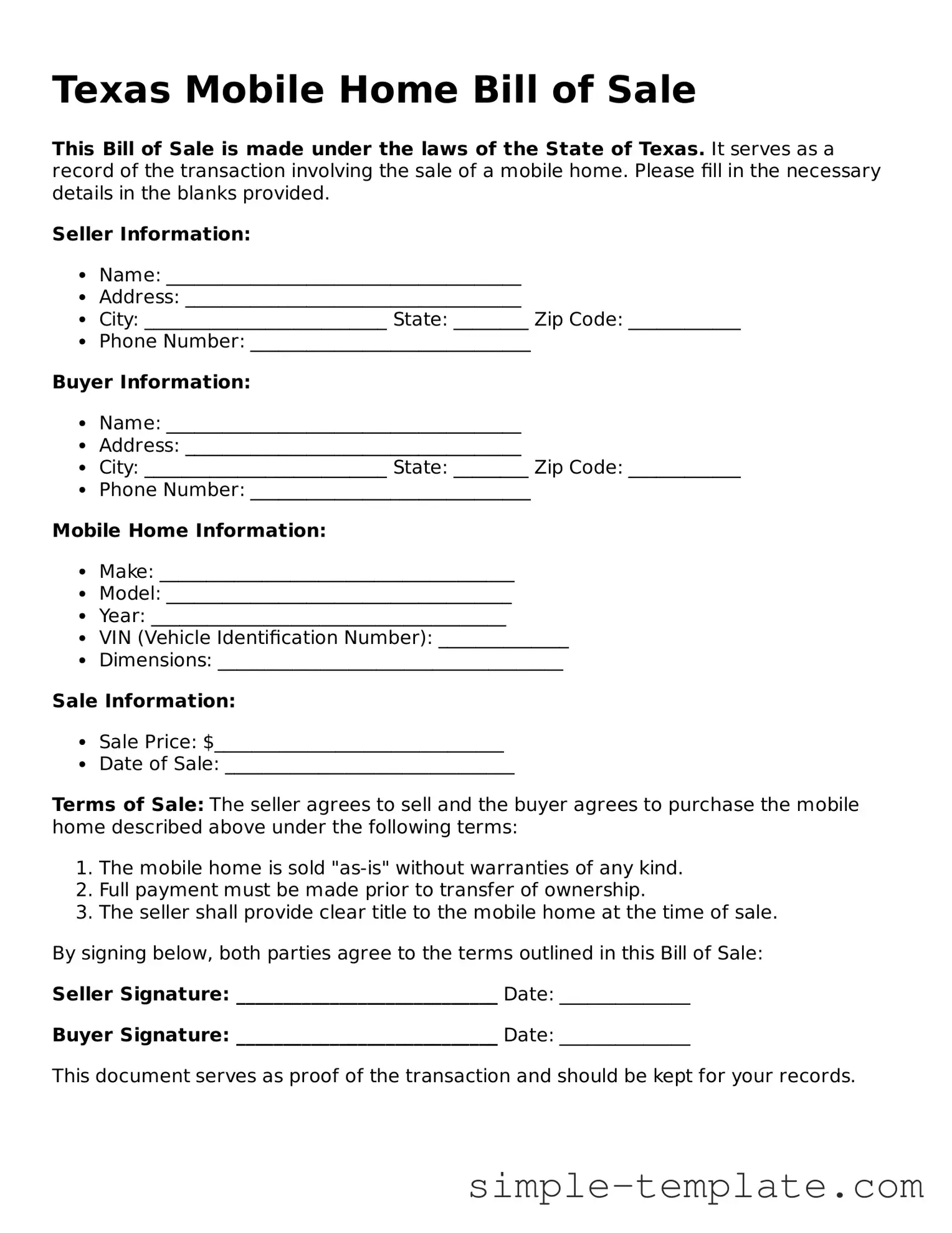 Printable Texas Mobile Home Bill of Sale Document