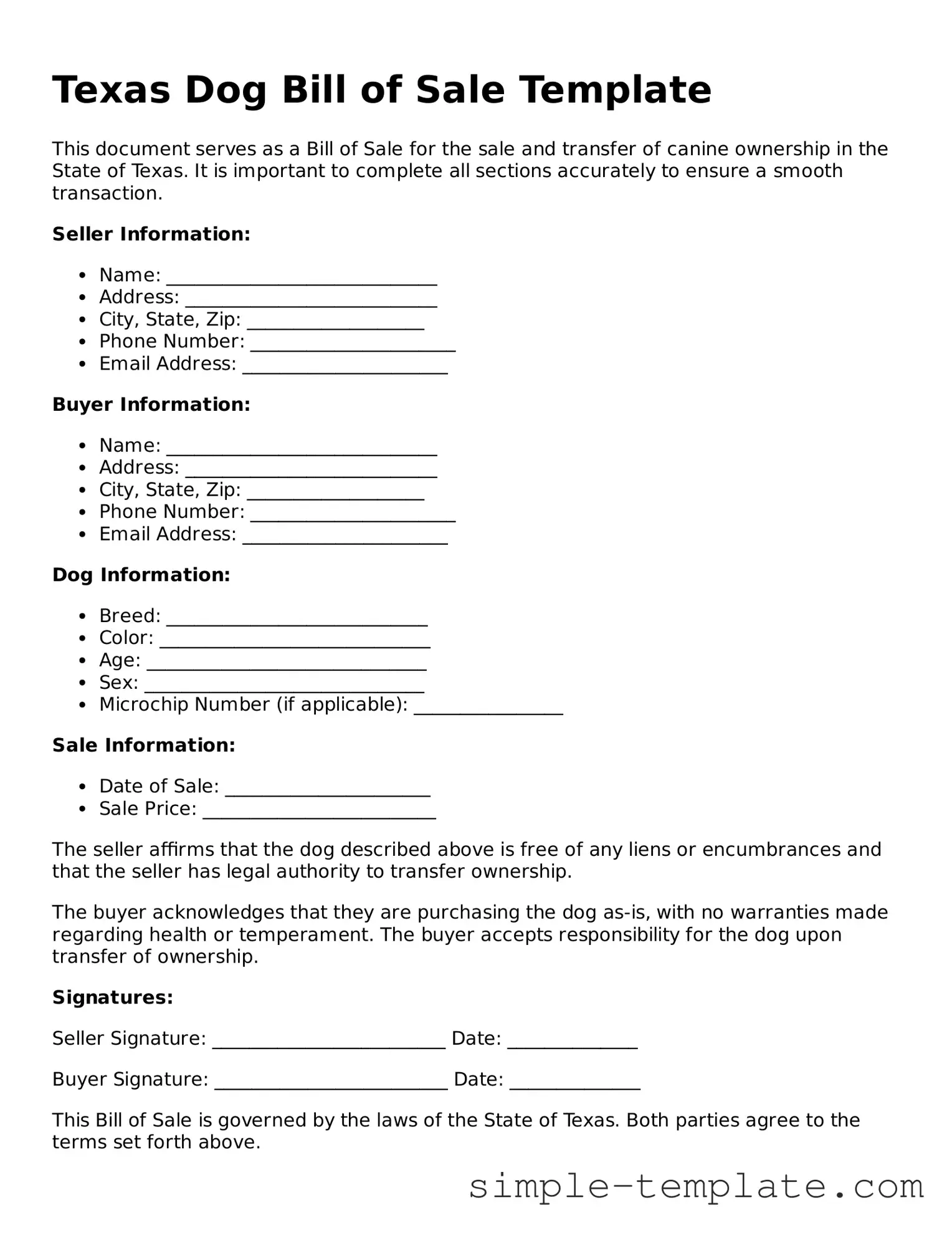 Printable Texas Dog Bill of Sale Document