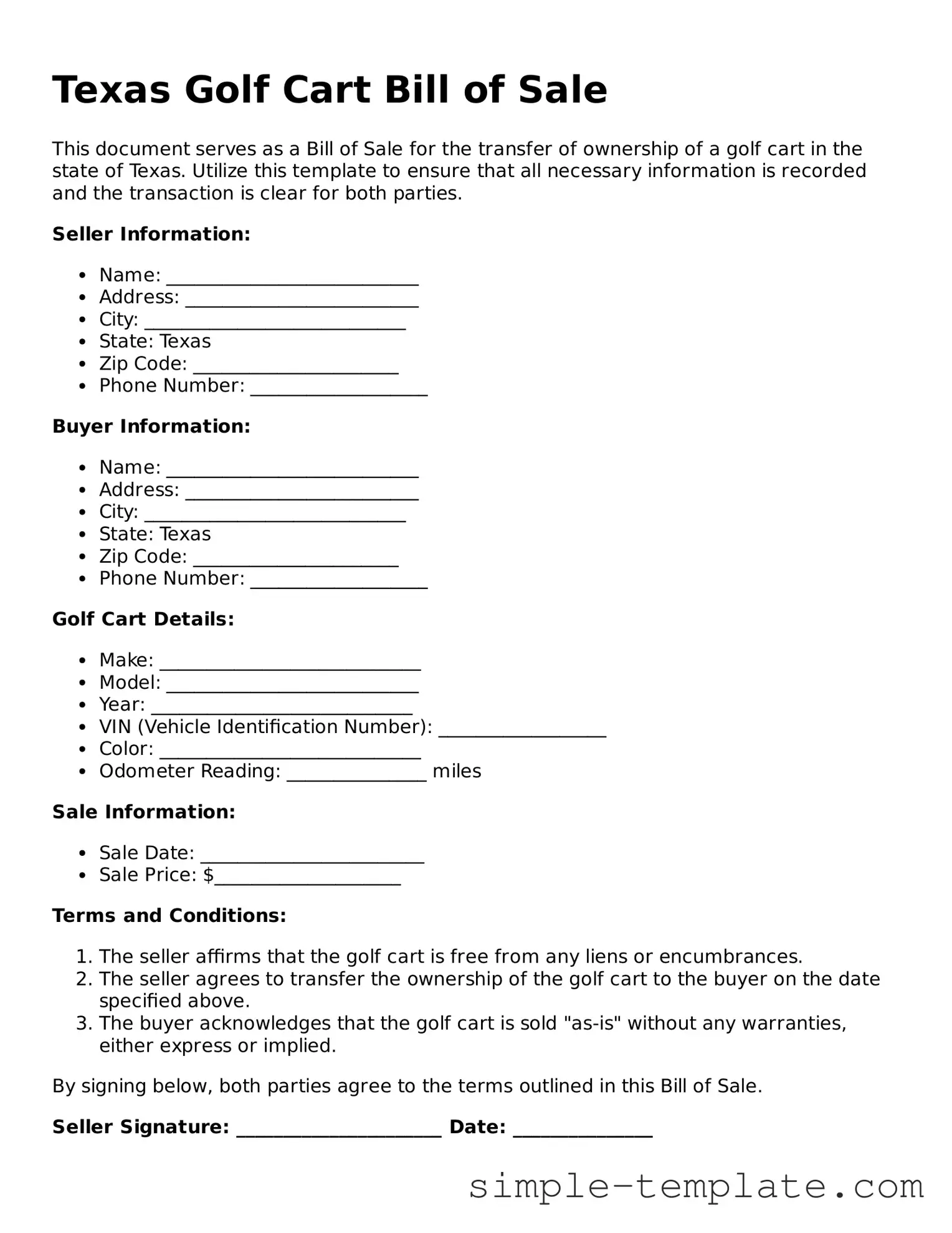Printable Texas Golf Cart Bill of Sale Document