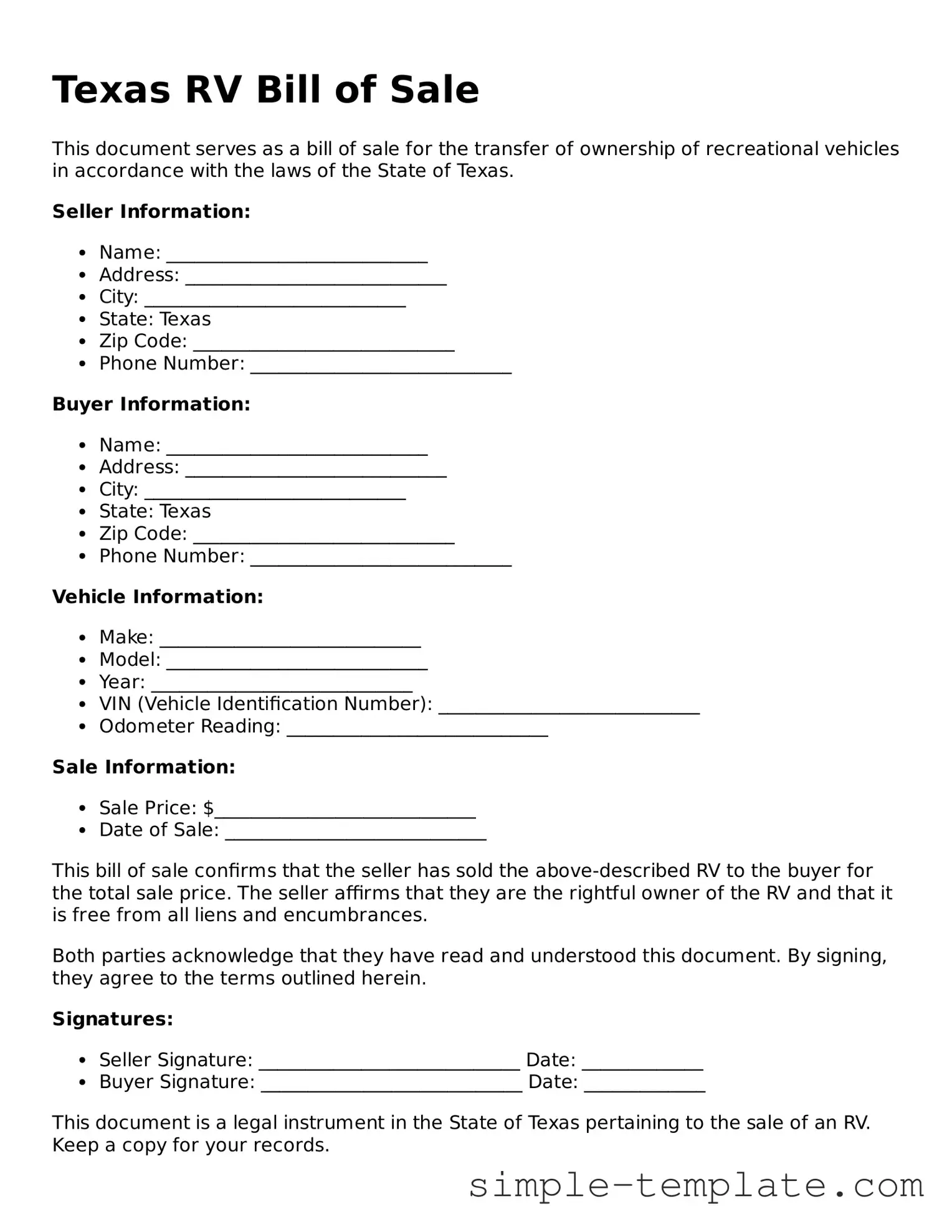 Printable Texas RV Bill of Sale Document