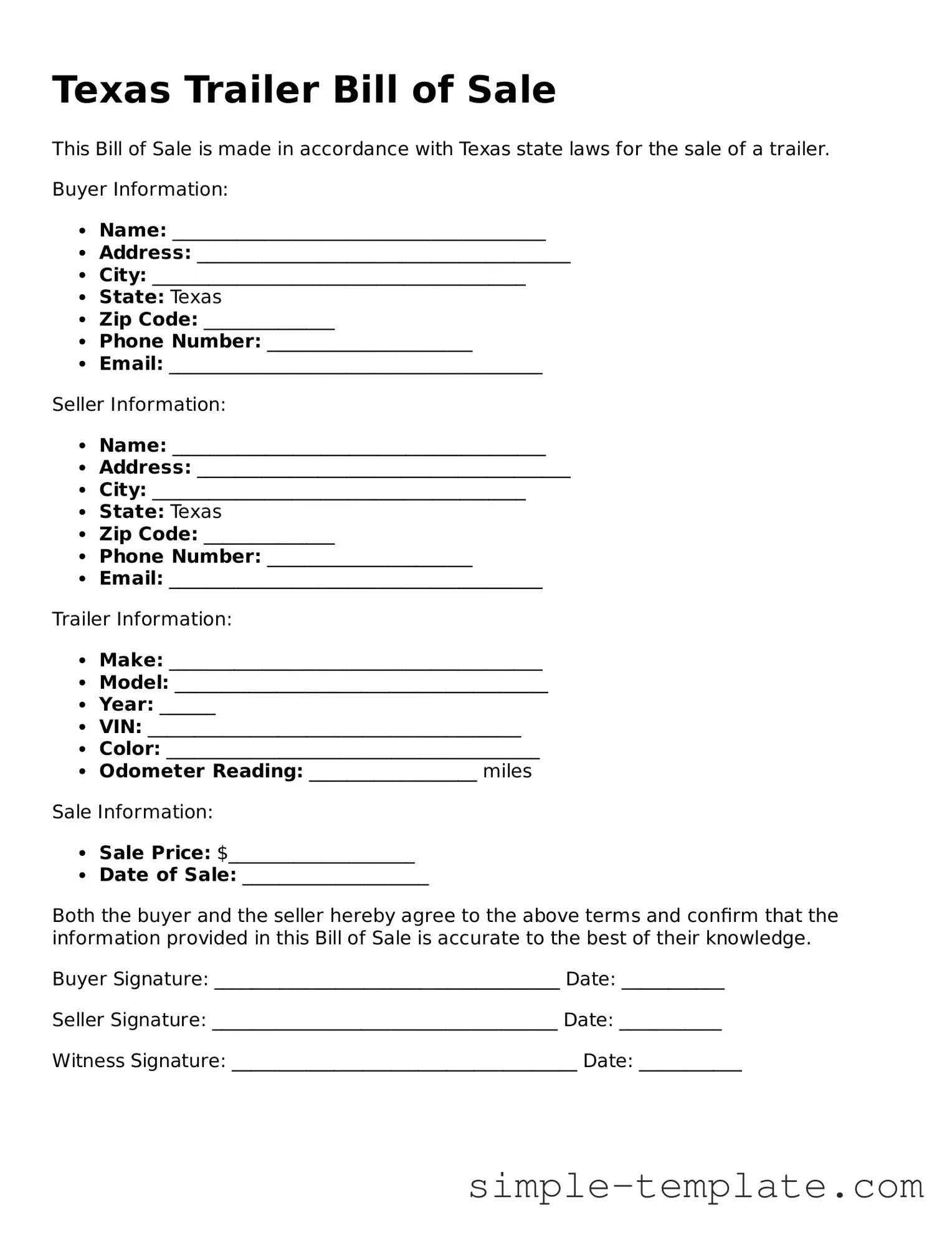 Printable Texas Trailer Bill of Sale Document