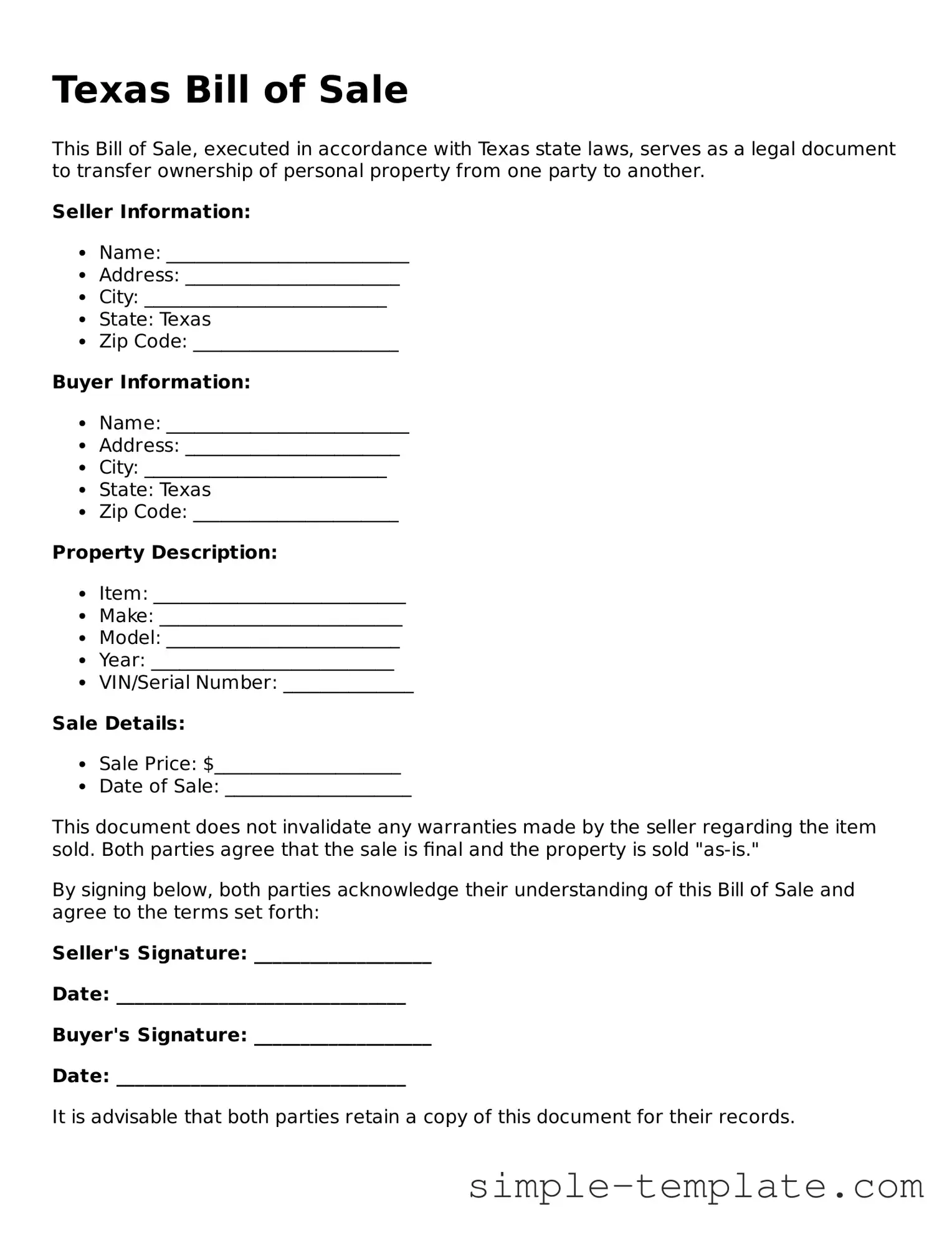 Printable Texas Bill of Sale Document