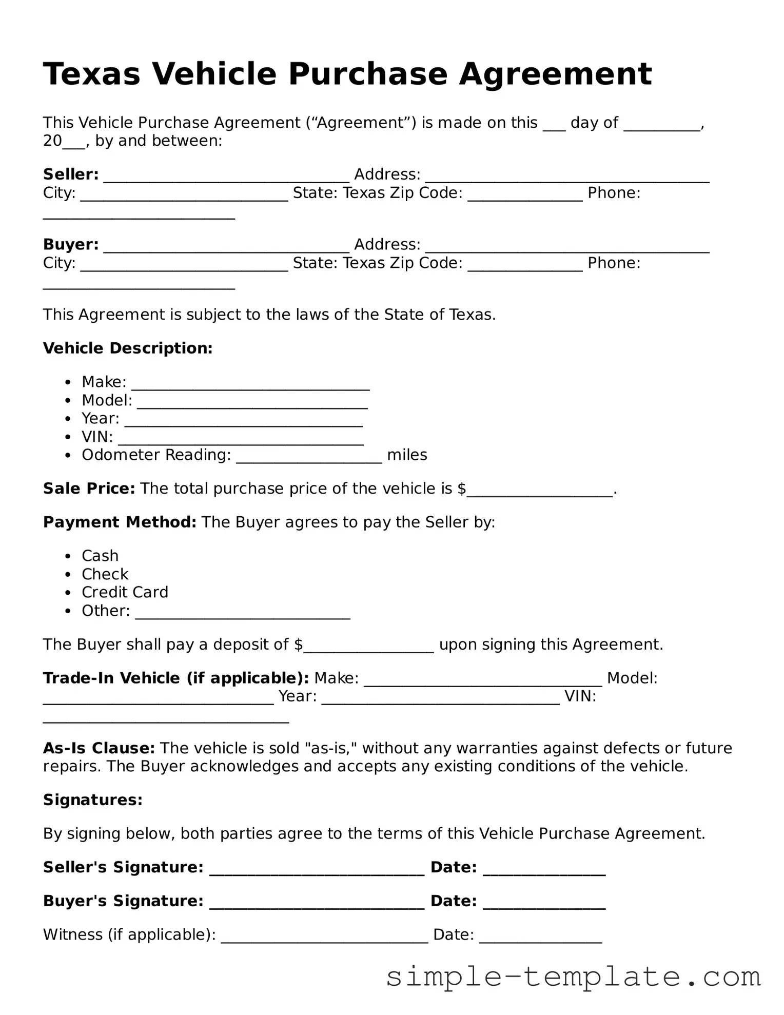 Printable Texas Vehicle Purchase Agreement Document