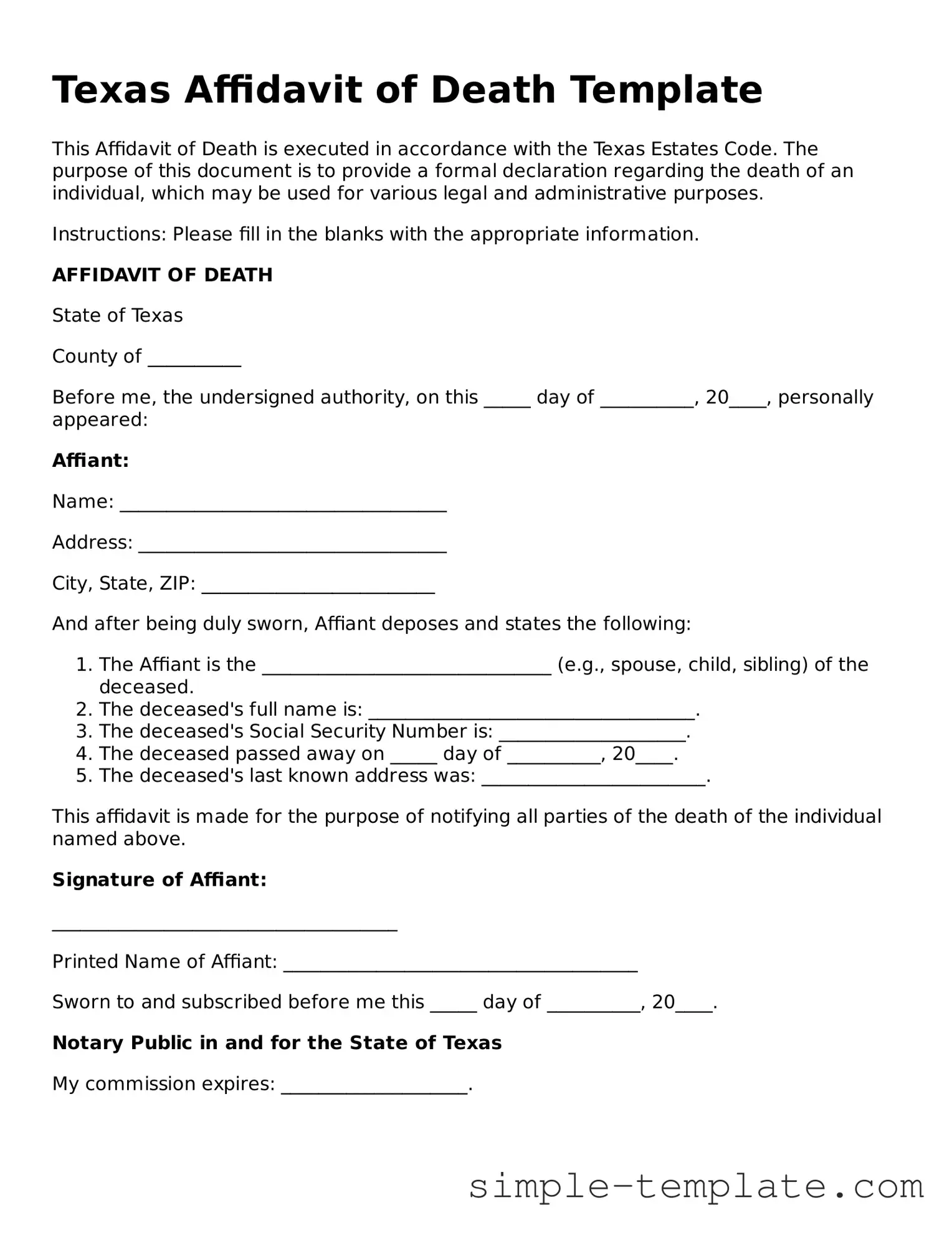 Printable Texas Affidavit of Death Document