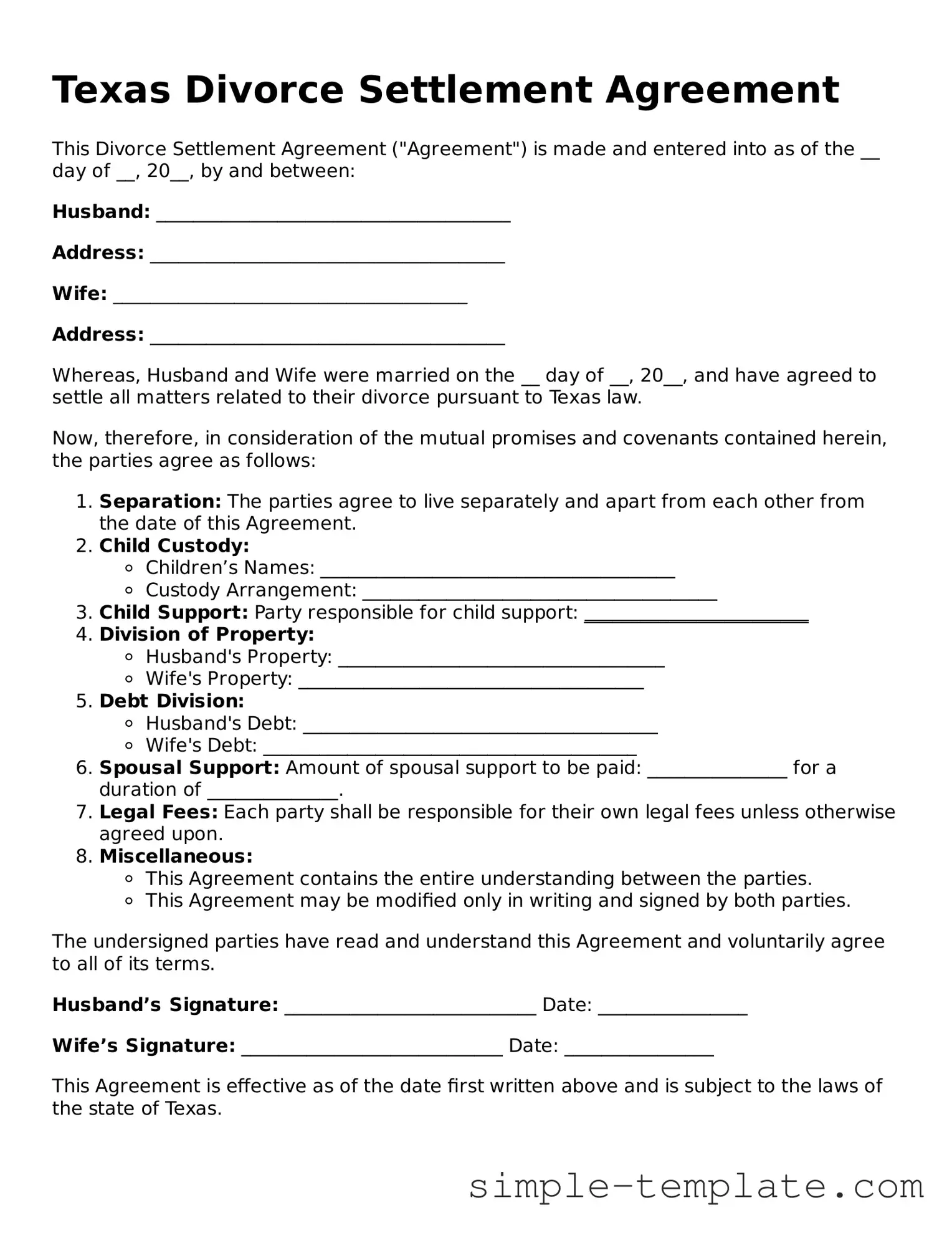 Printable Texas Divorce Settlement Agreement Document