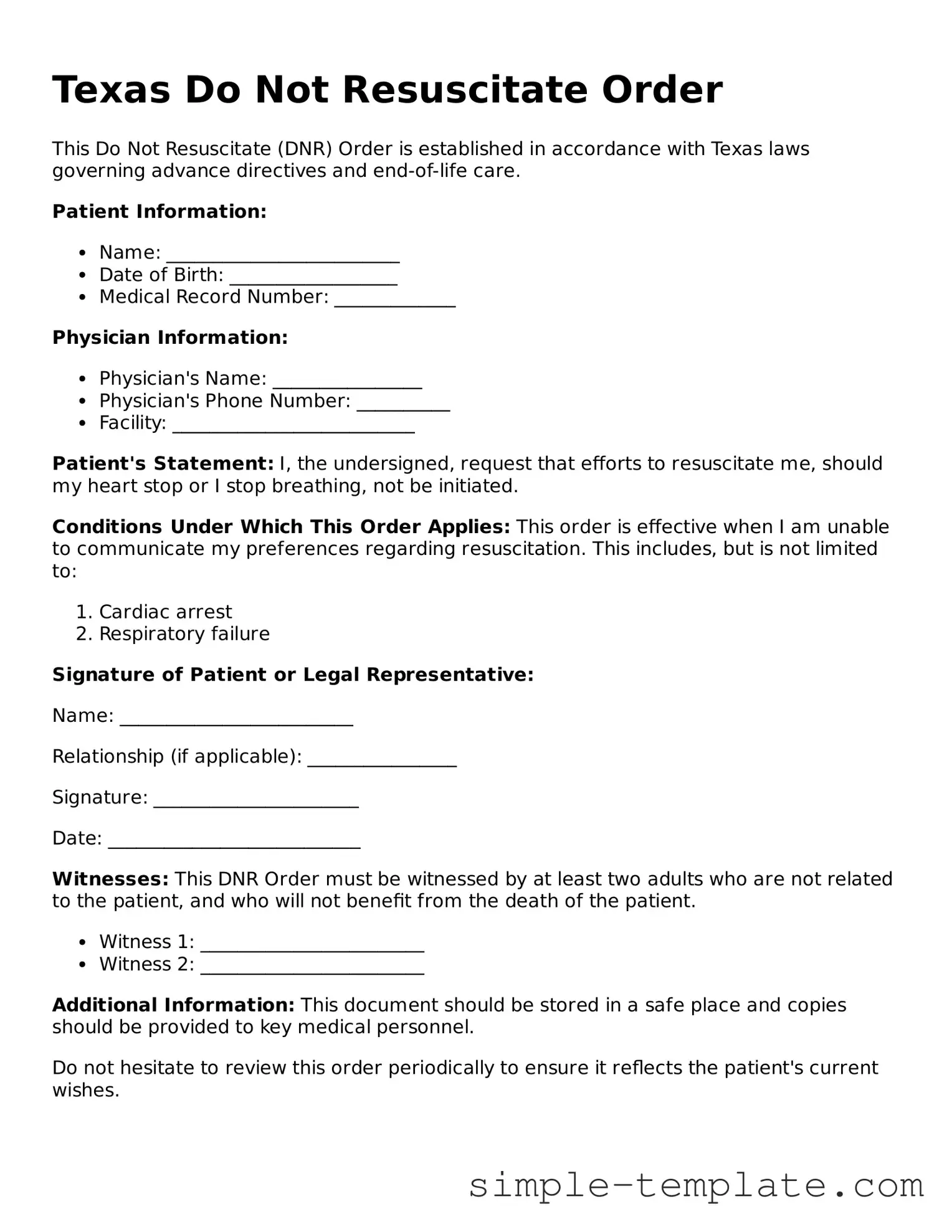 Printable Texas Do Not Resuscitate Order Document