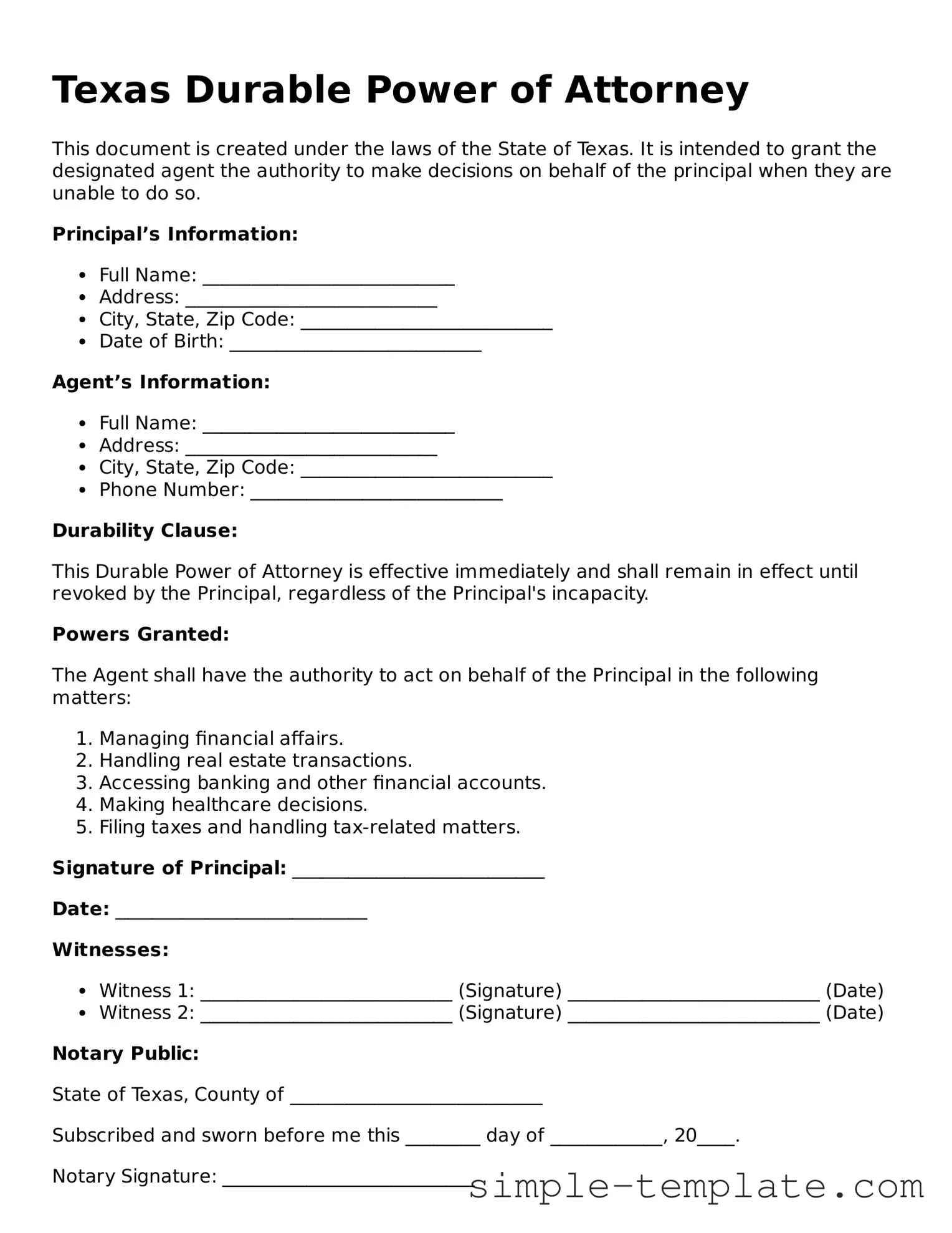 Printable Texas Durable Power of Attorney Document