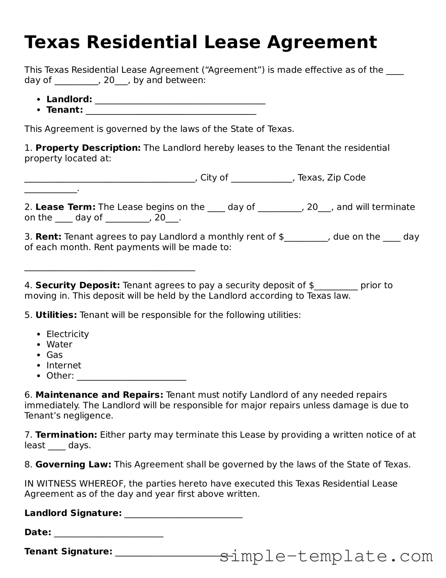 Printable Texas Residential Lease Agreement Document
