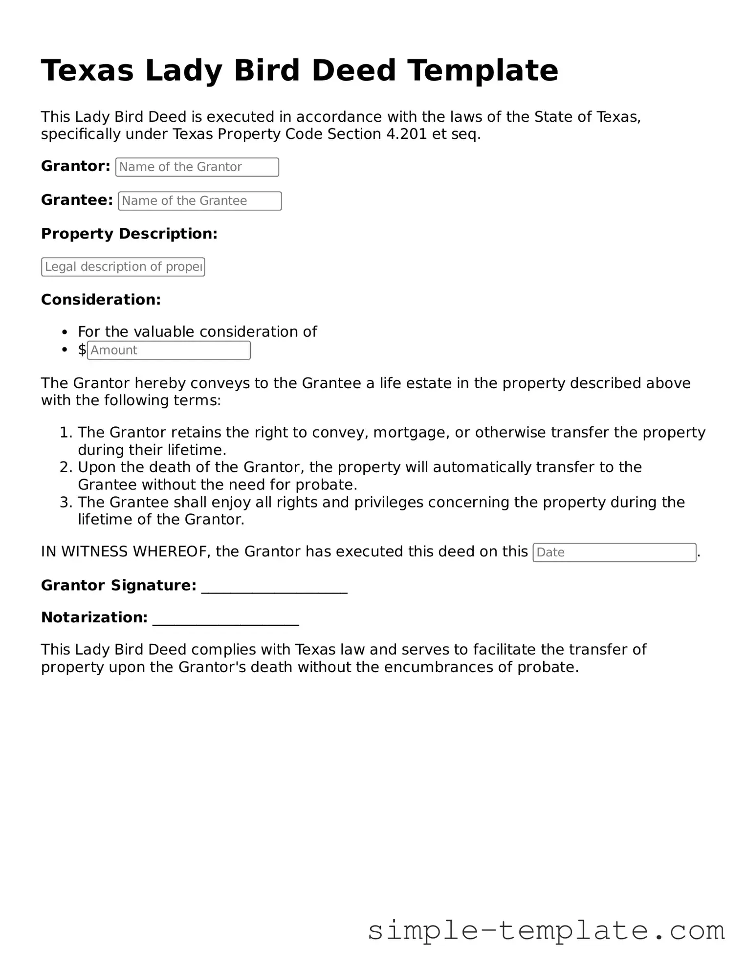 Printable Texas Lady Bird Deed Document