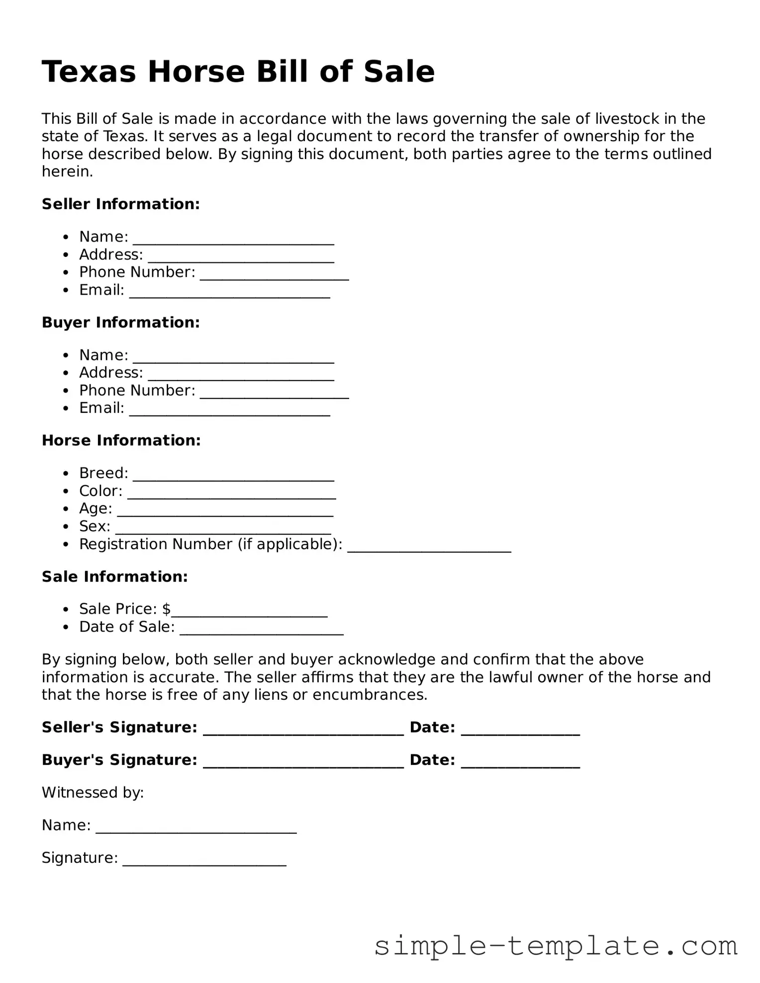 Printable Texas Horse Bill of Sale Document