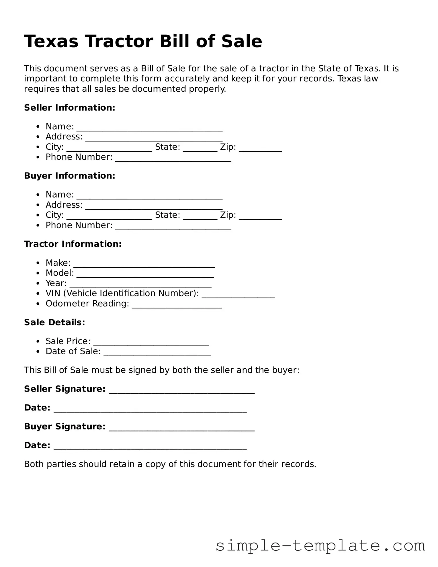 Printable Texas Tractor Bill of Sale Document