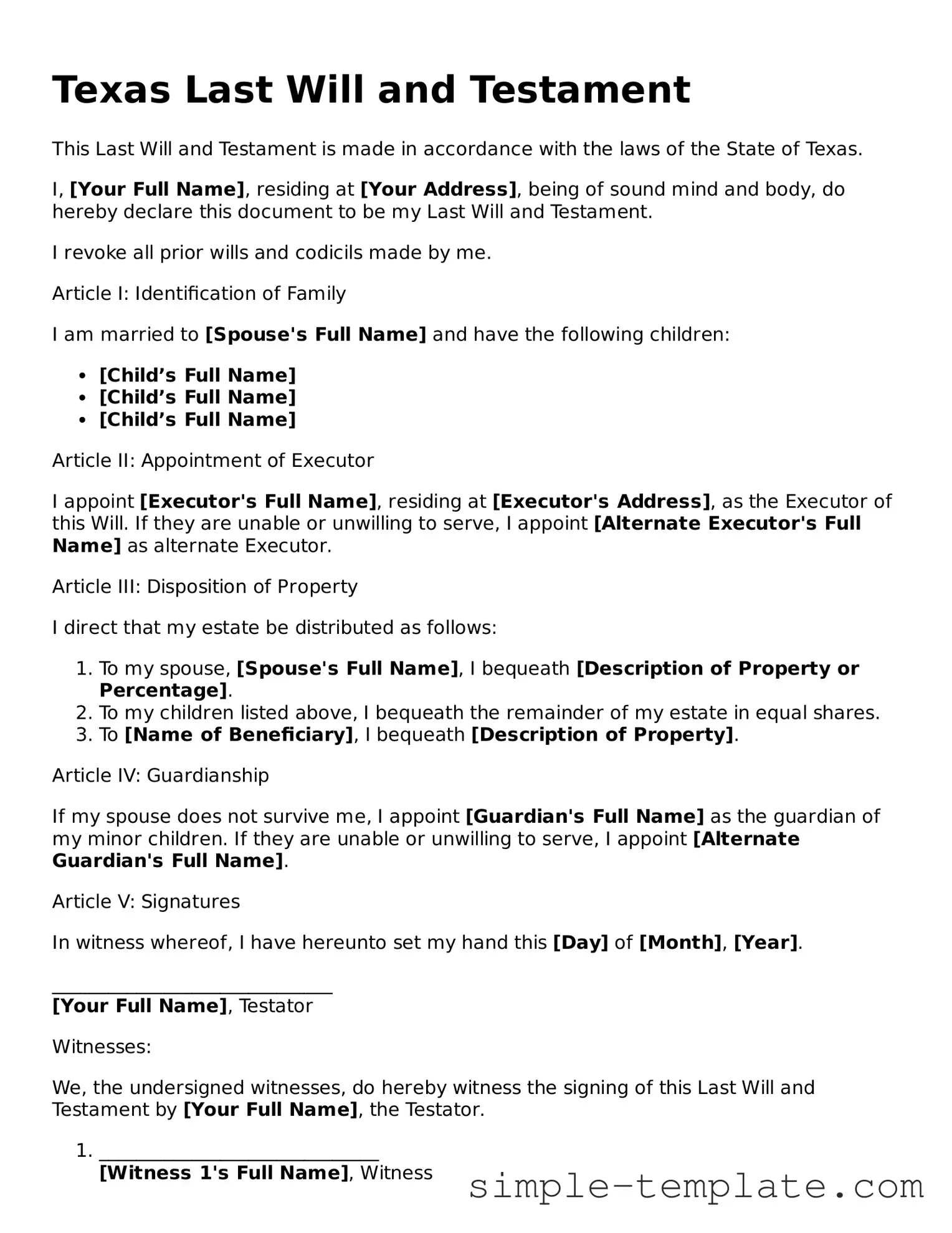 Printable Texas Last Will and Testament Document