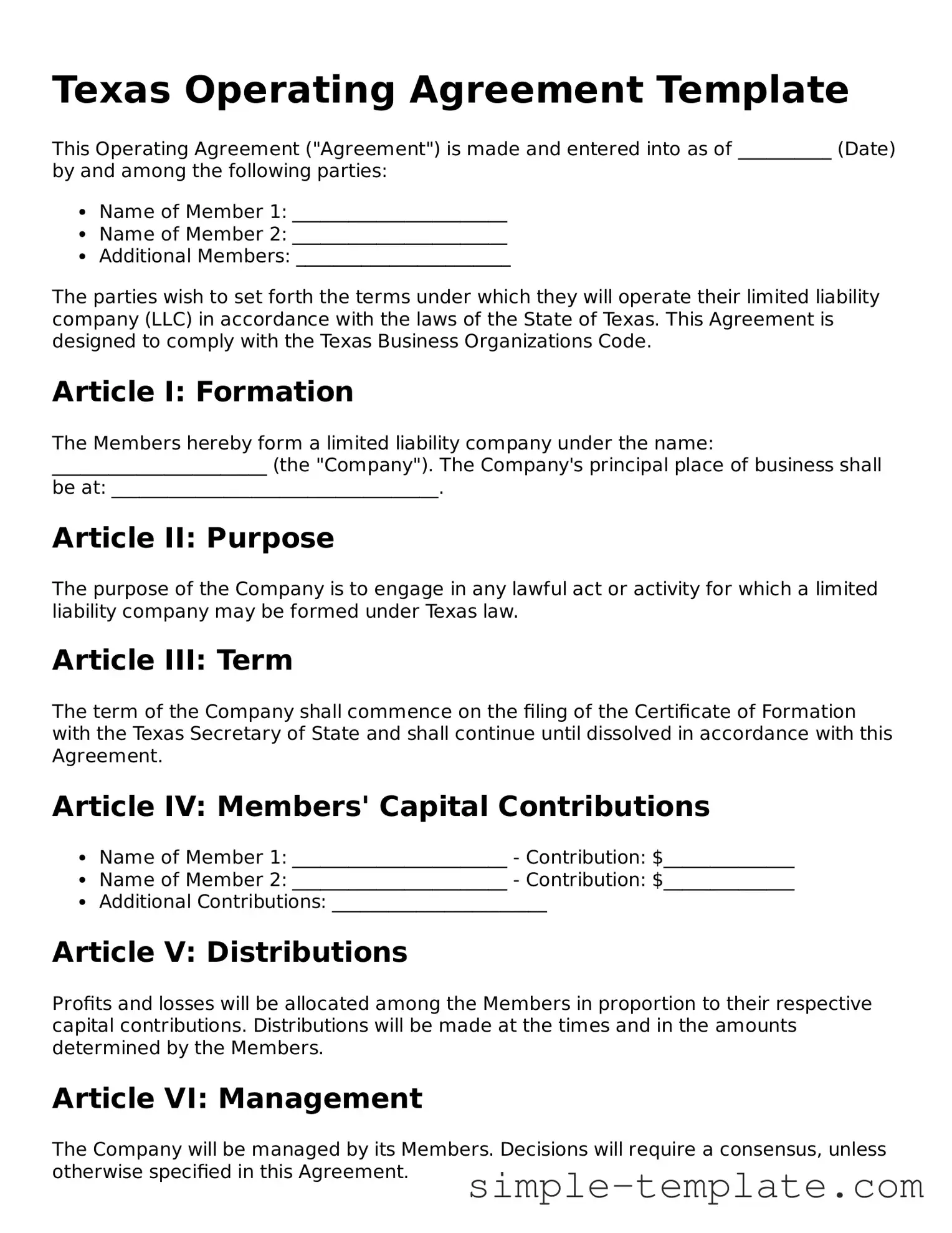 Printable Texas Operating Agreement Document