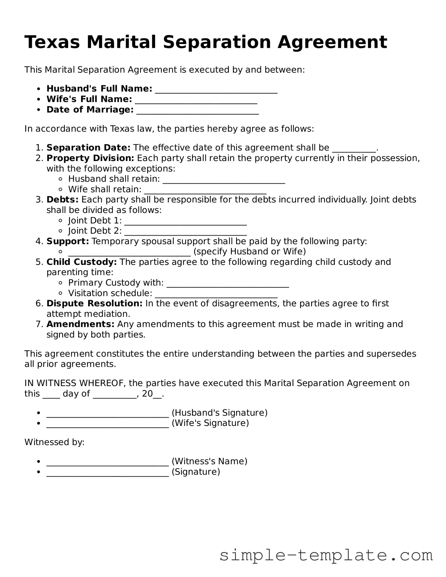 Printable Texas Marital Separation Agreement Document