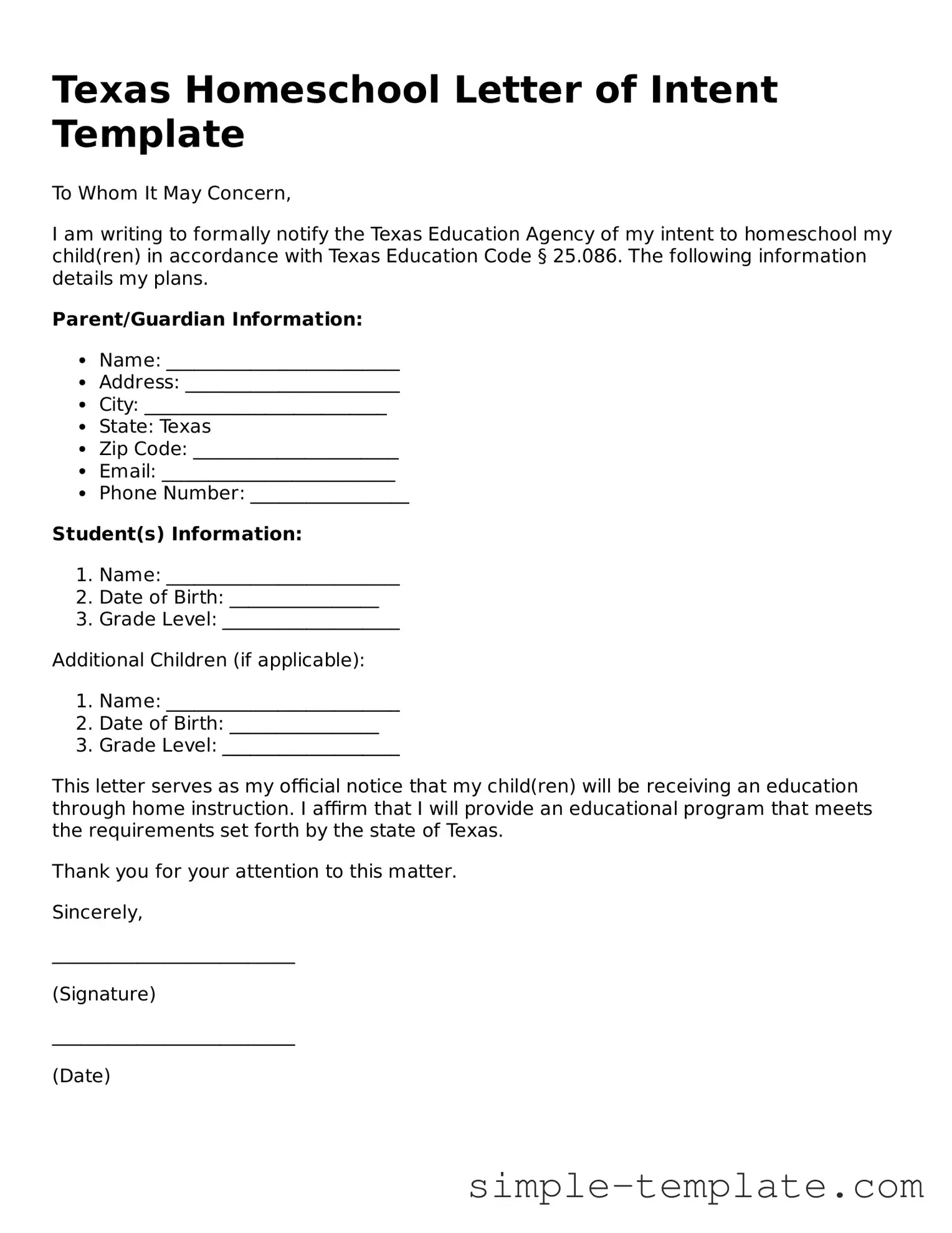 Printable Texas Homeschool Letter of Intent Document