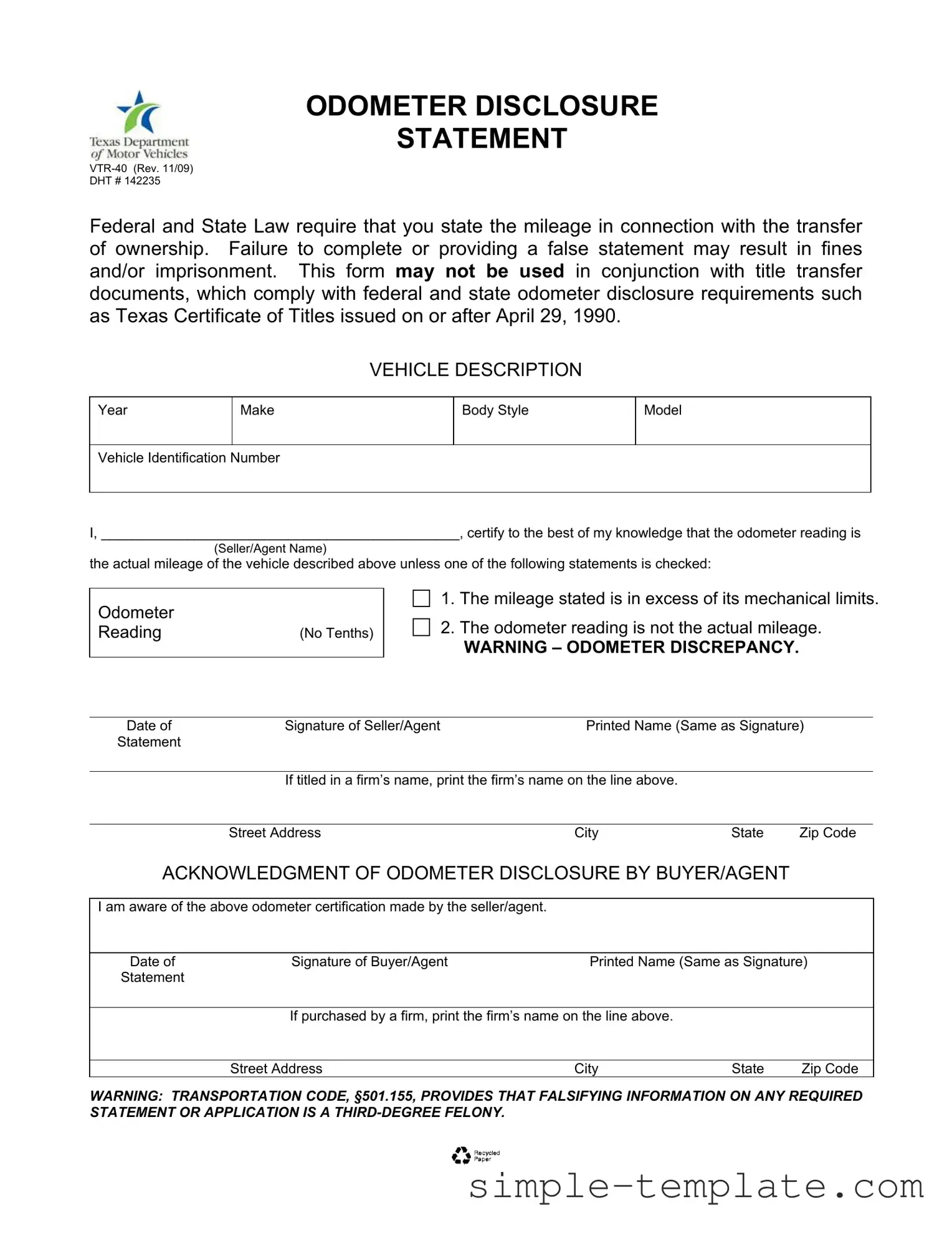 Free Texas Odometer Statement Form in PDF